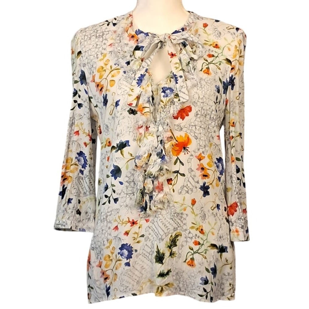 NANETTE LEPORE S White Floral Blouse Raw Hem Ruffle Tie Neck 3/4 Sleeve Feminine